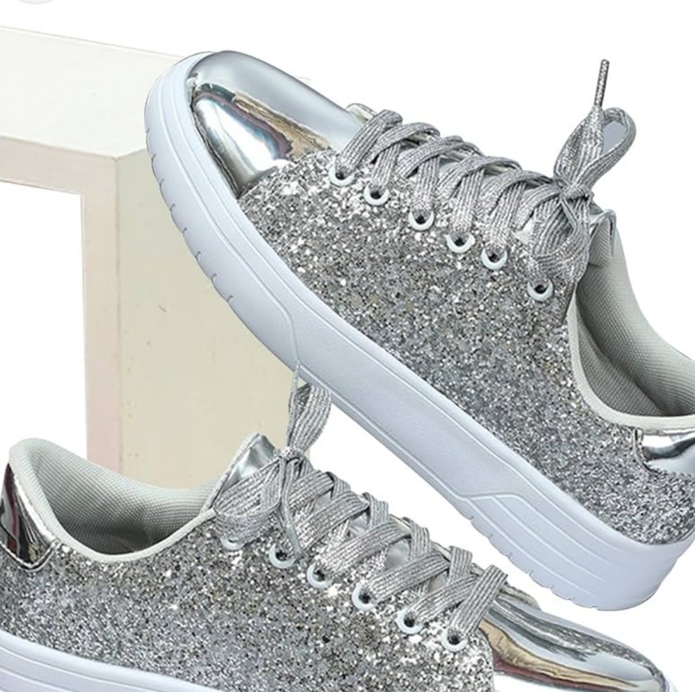 Silver Glitter Platform Sneakers for Women Size 8 - Picture 4 of 6